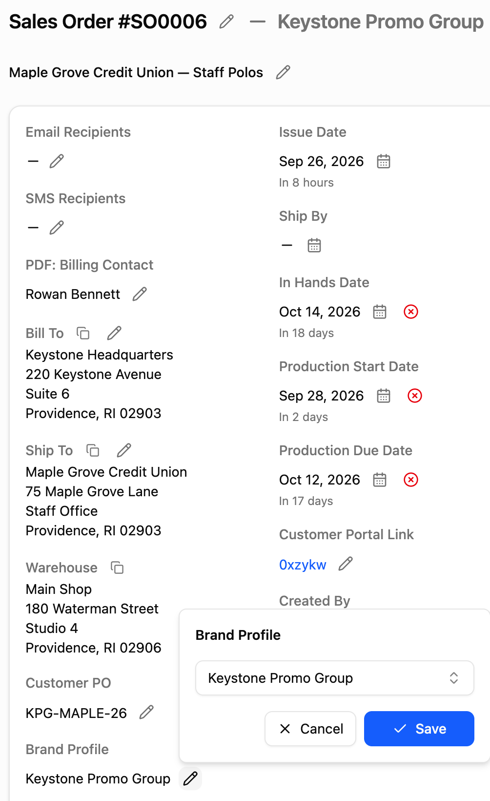 An order for a promotional-products client, choosing the client’s brand profile for the order