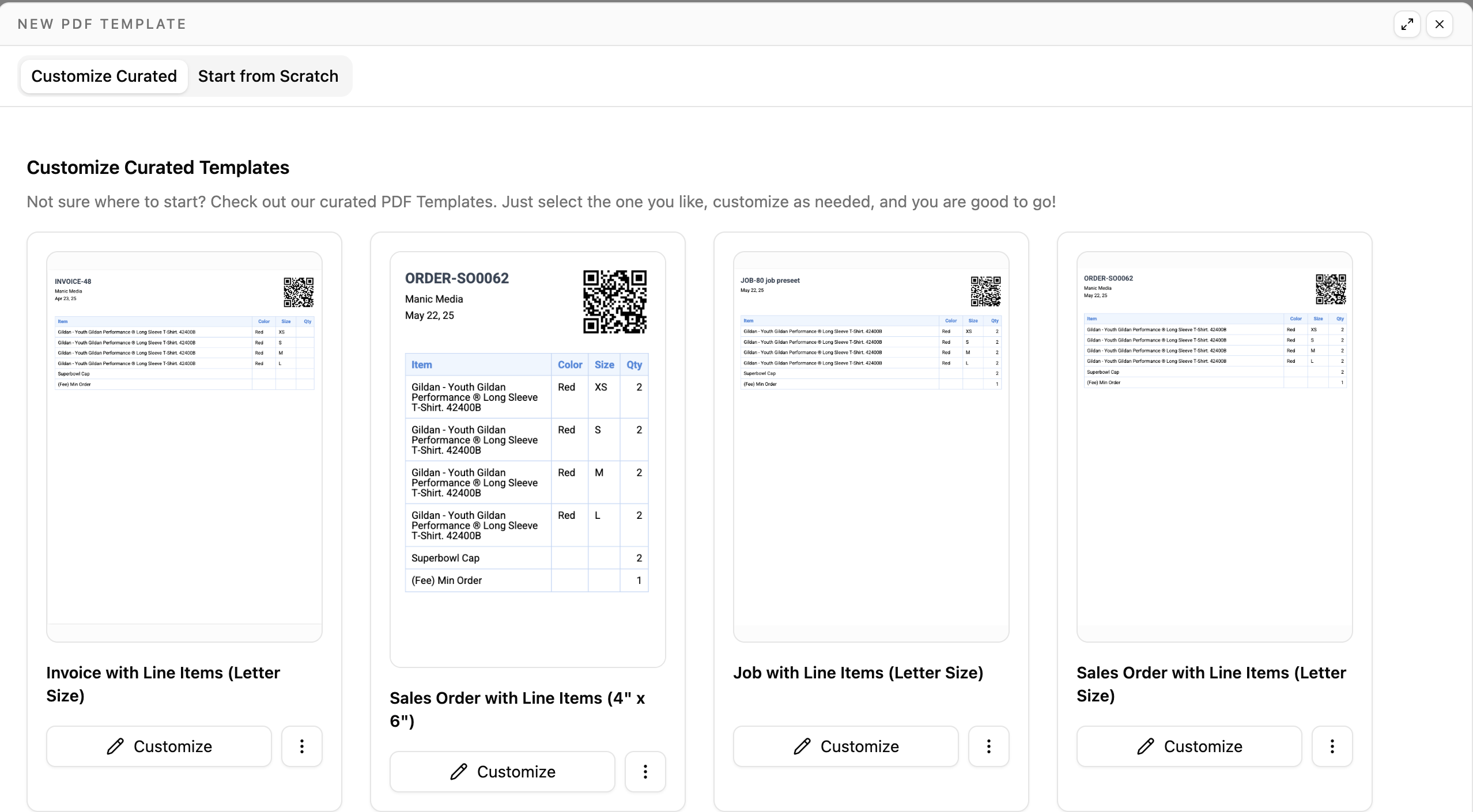 Starting a new PDF template from the curated gallery