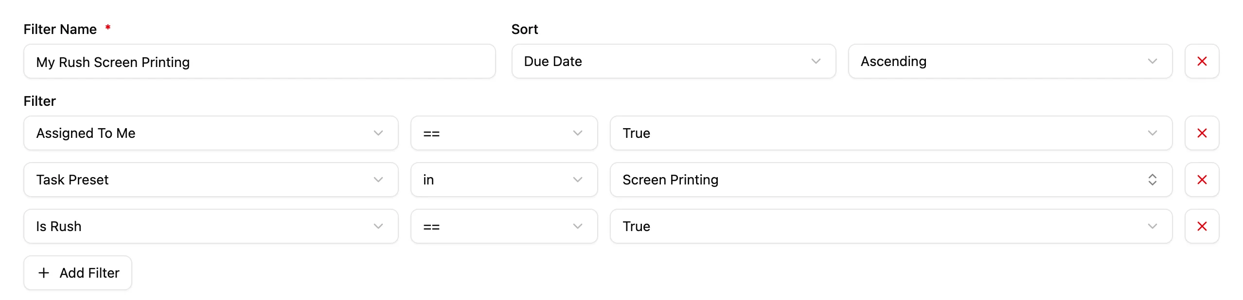 YoPrint's task filter builder, saved as My Rush Screen Printing: Assigned To Me equals True, Task Preset in Screen Printing, and Is Rush equals True, sorted by due date, ascending.