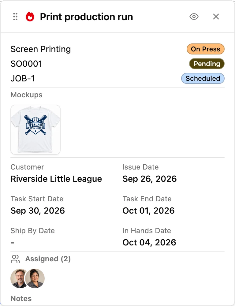 A pinned card for JOB-1's Print production run task: Screen Printing On Press, the order and job statuses, the mockup tee, task start and end dates, the in-hands date and the two people assigned.