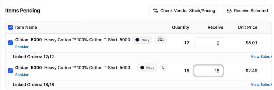 Receiving a purchase order from SanMar: 6 of the 12 Gildan 5000 in navy 2XL, and all 18 in L