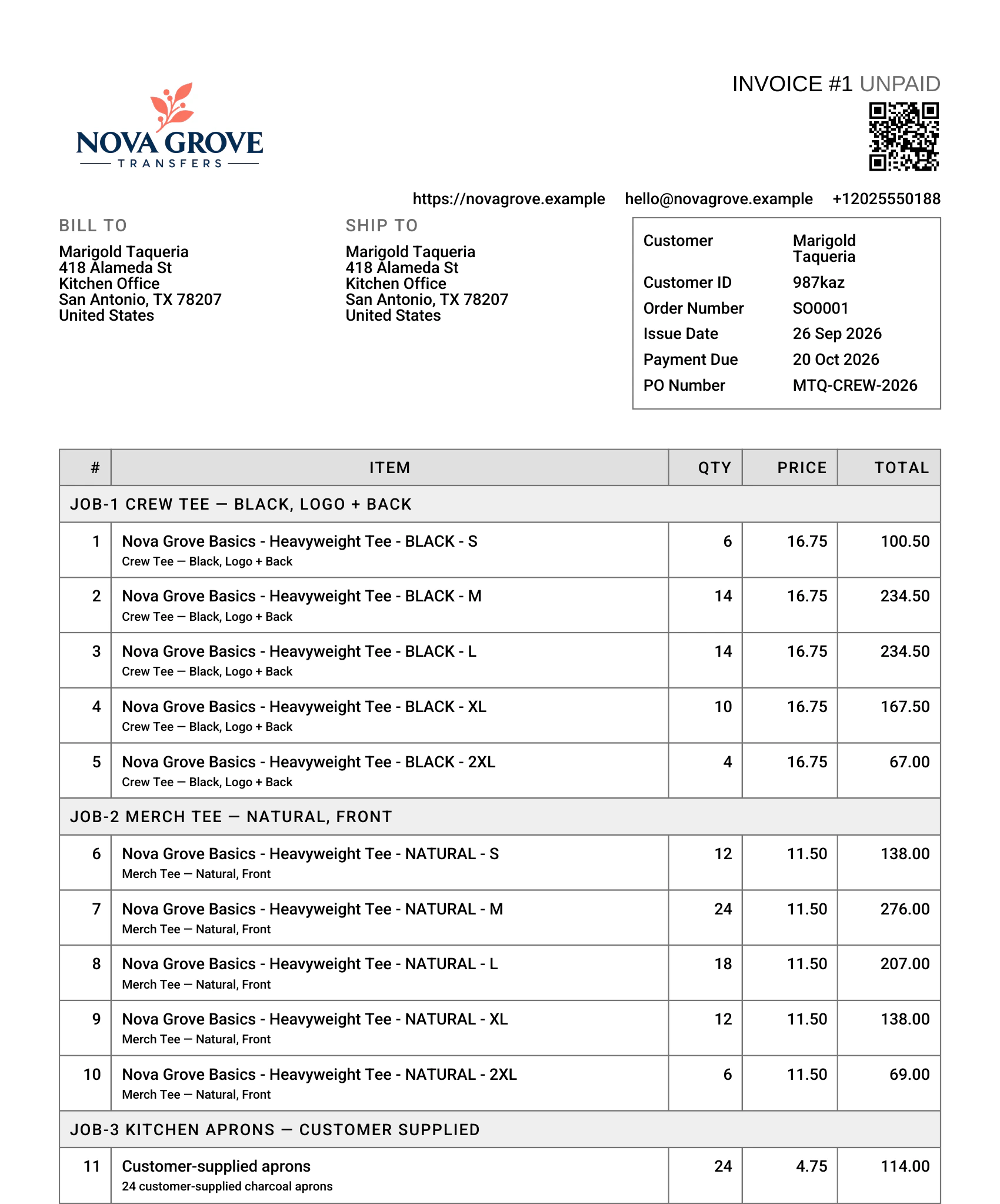 Page one of the same order's invoice: the crew tees, merch tees and customer-supplied aprons jobs on one invoice.