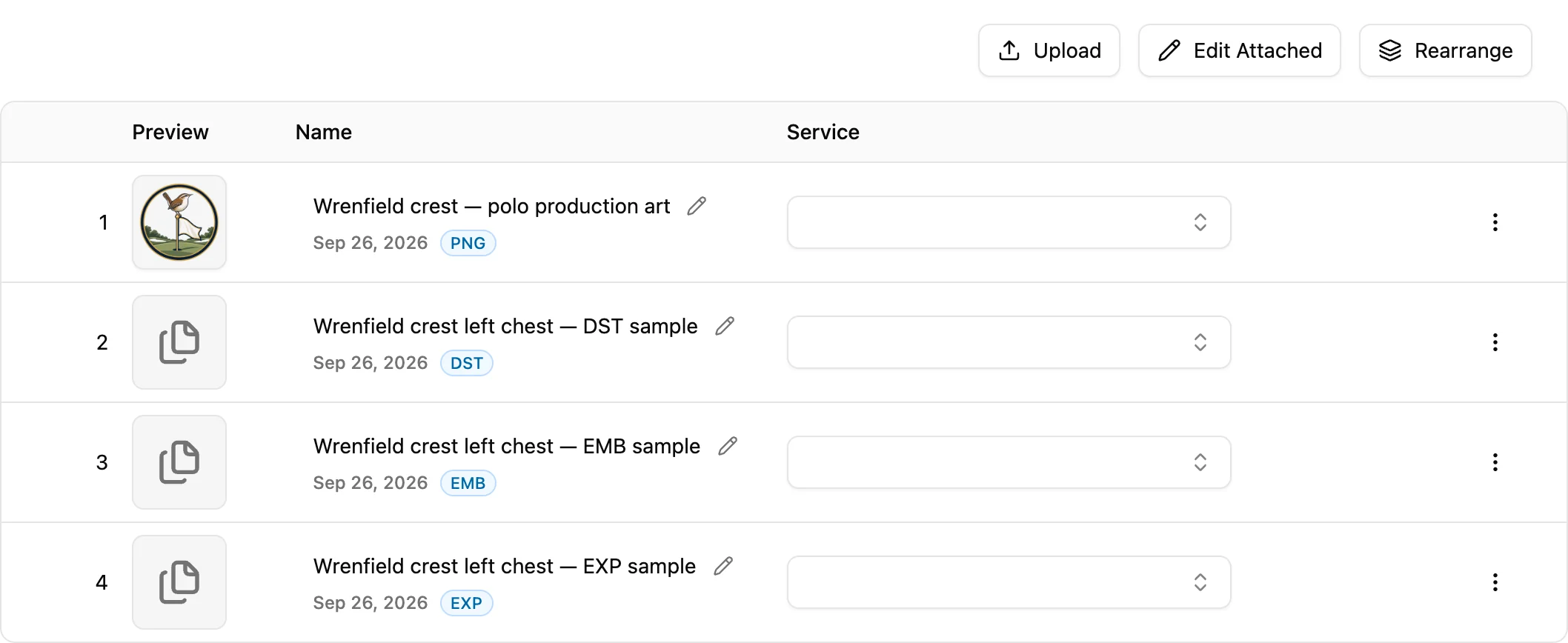 The production files on the job that scan opens: the crest artwork and its DST, EMB and EXP embroidery files.