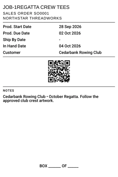 Job label for JOB-1 with its QR code