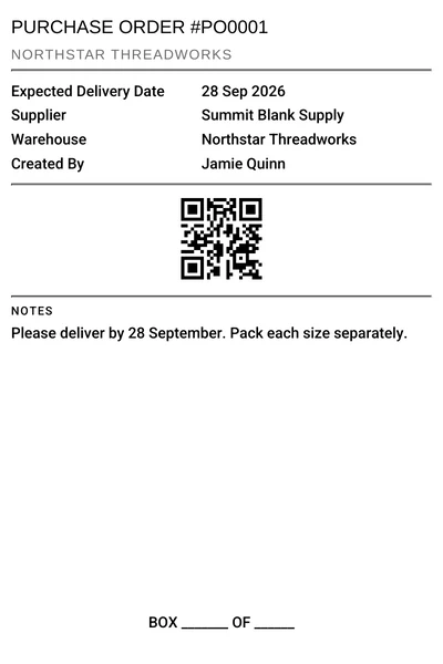 Purchase order label for PO0001 with its QR code