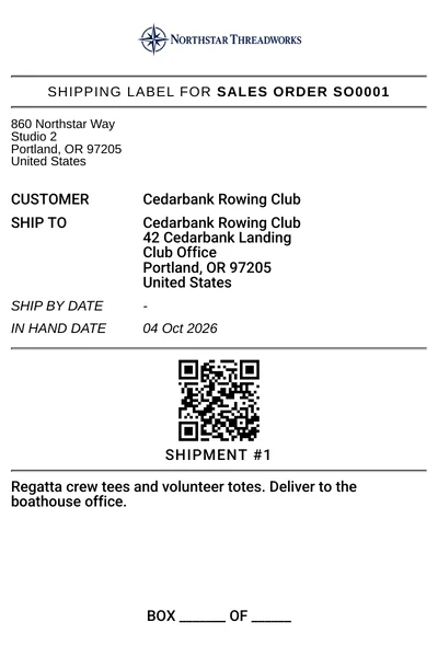 Shipping label for sales order SO0001 with its QR code