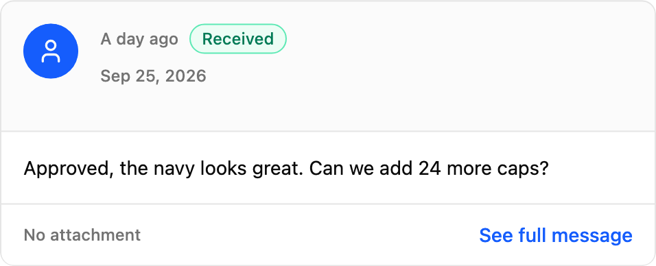 The customer approving the artwork and asking to add 24 more caps