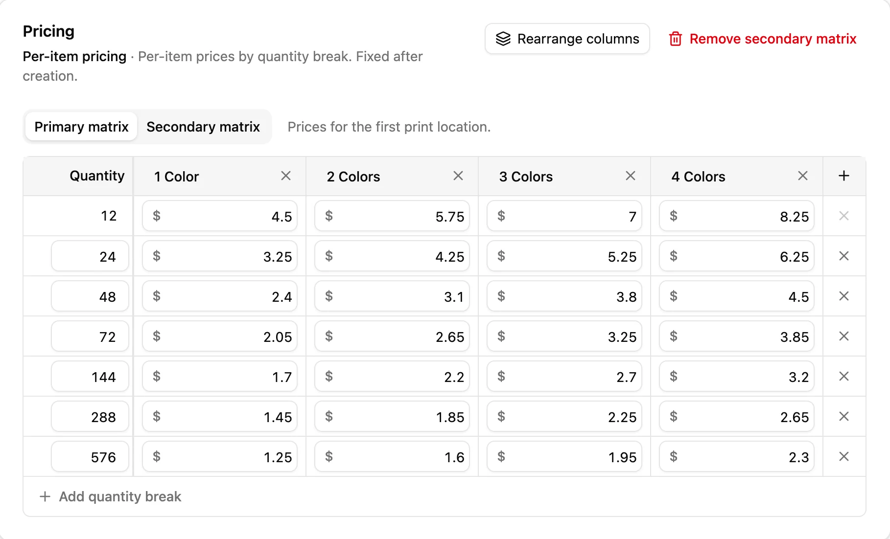 A screen-printing service’s price matrix in YoPrint: seven quantity breaks from 12 to 576 down the side, and a price per piece for one to four colors across.