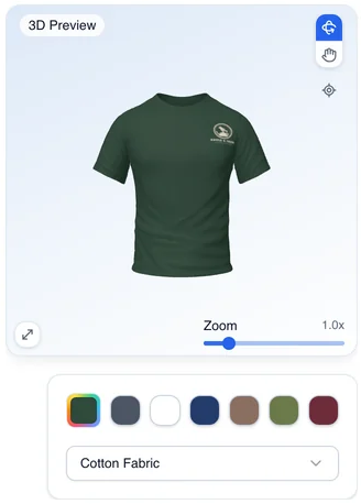A 3D preview of the green staff tee with colour and fabric choices under it