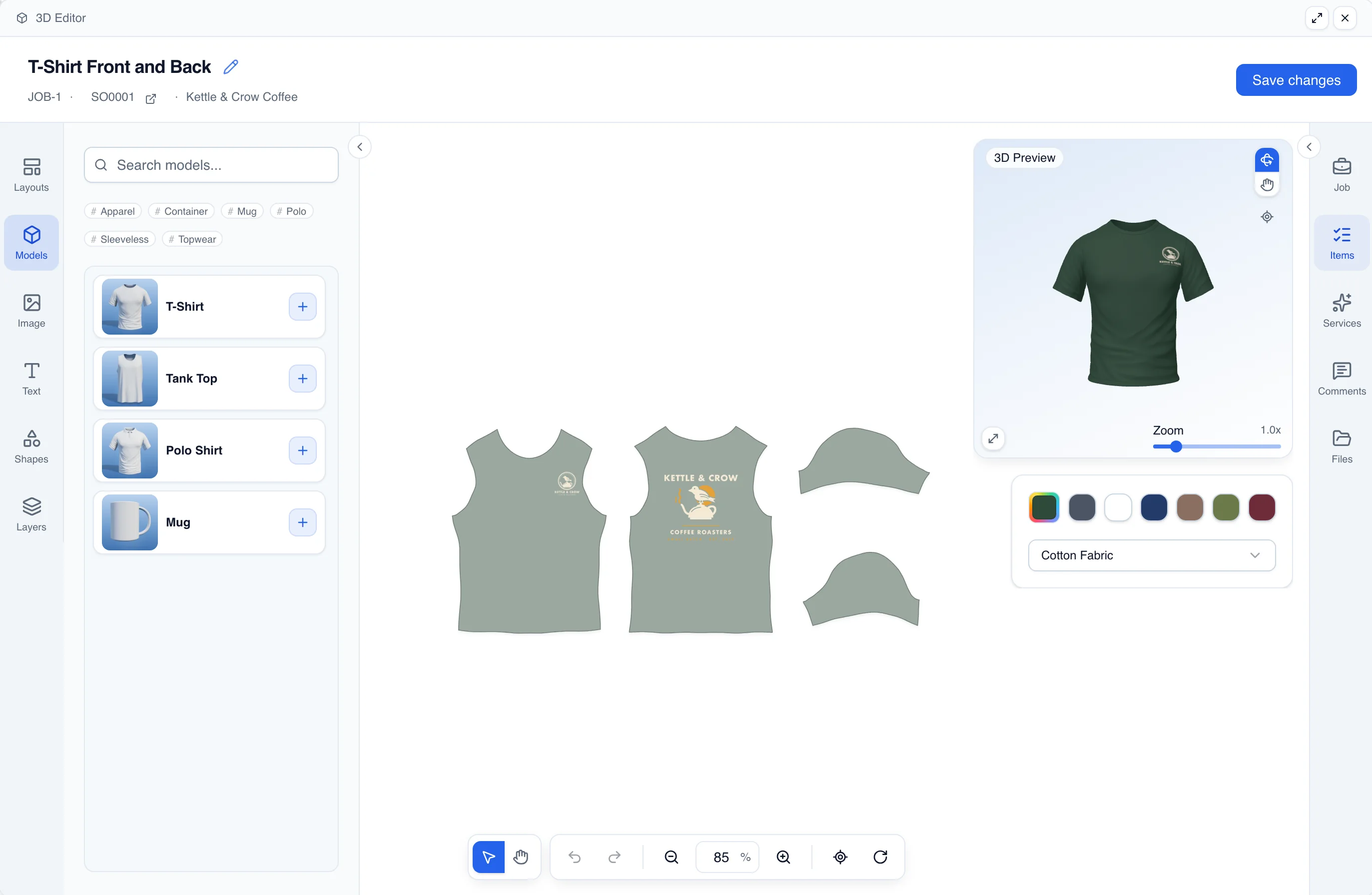 The 3D editor: the model list, the tee’s flat print area with the artwork, and the 3D preview.