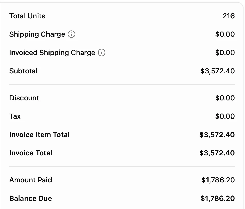 The order's totals across all three jobs: 216 units, one invoice total of $3,572.40, the deposit paid and the balance due.