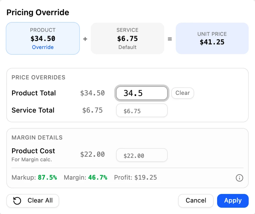 That line’s Pricing Override: the product price overridden to $34.50 with the service at its default $6.75, a $41.25 unit price, and the markup, margin and profit worked out from the product cost.