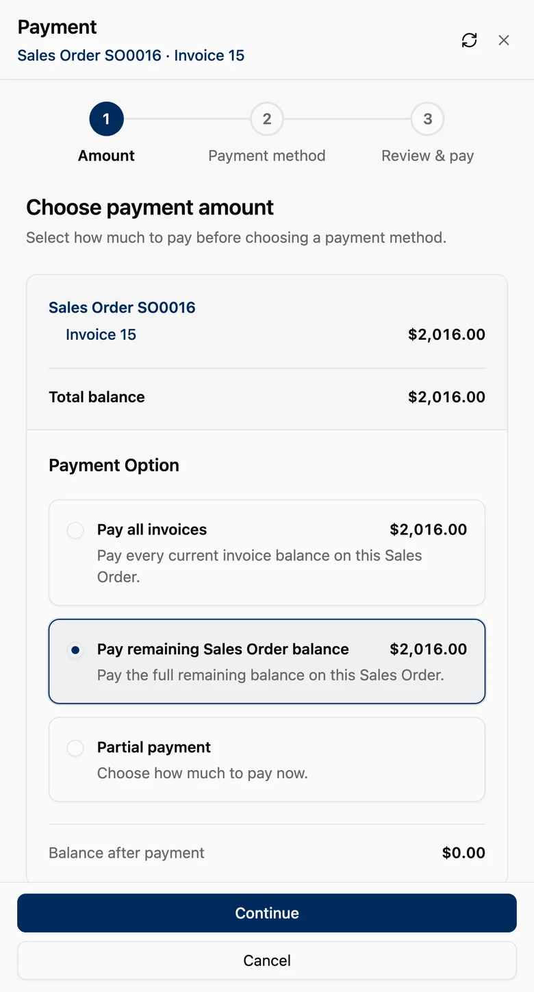 Customer Portal payment amount on a phone: the $2,016 remaining sales order balance selected, a $0.00 balance after payment, and Continue.