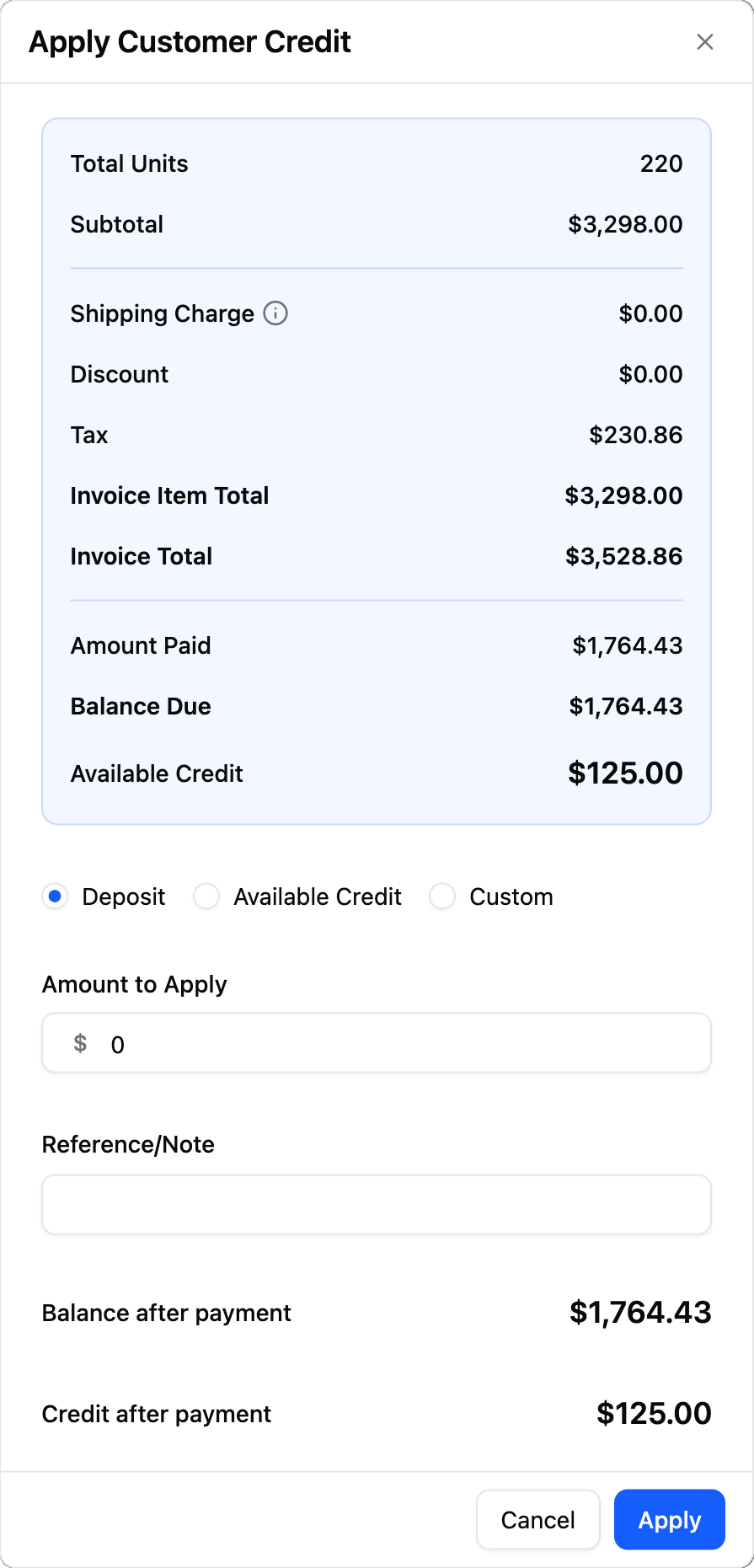 The shop applying the customer’s available credit, with the same balance due