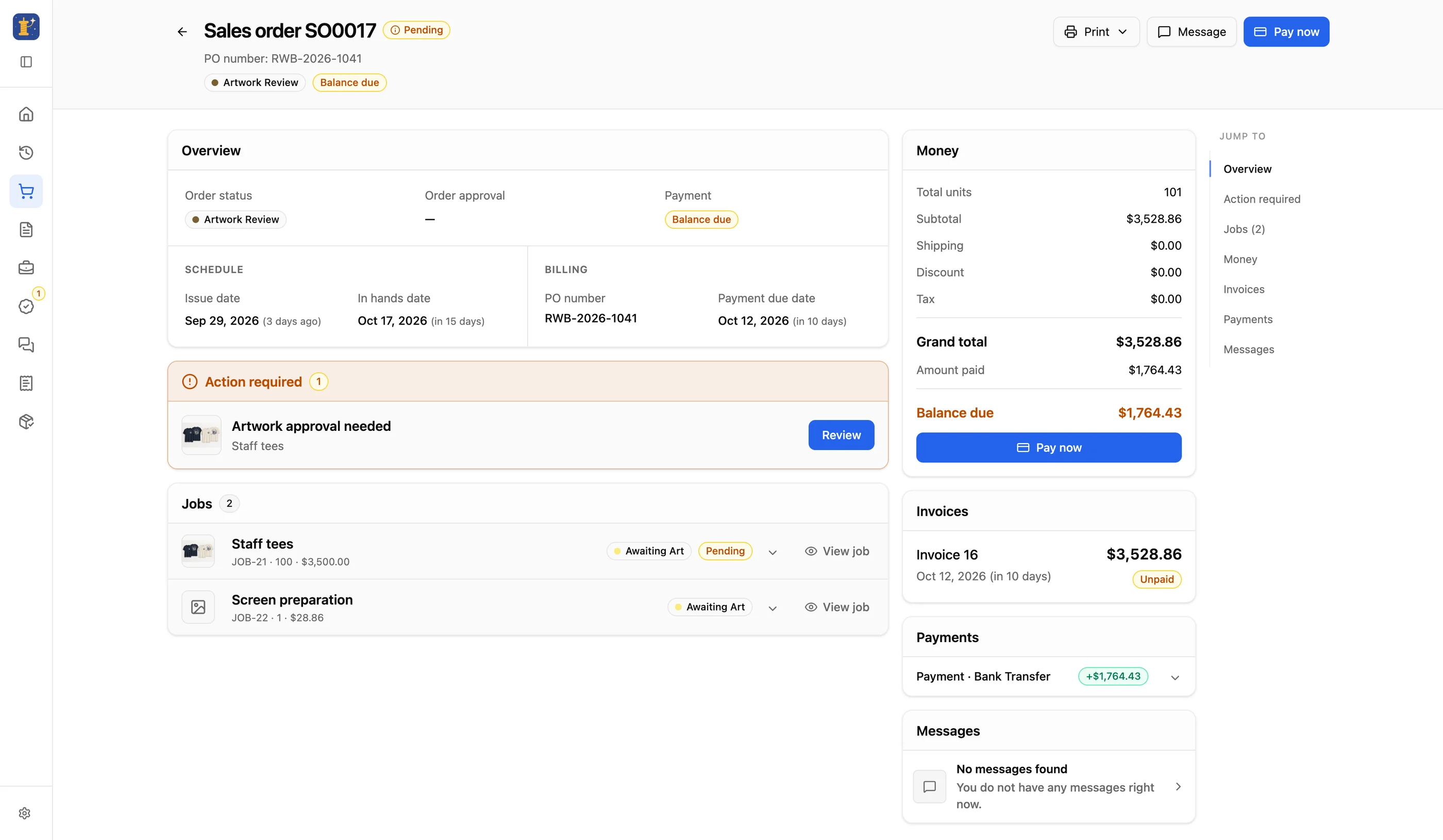 The customer’s portal view of the order: the deposit paid, the balance due and its due date