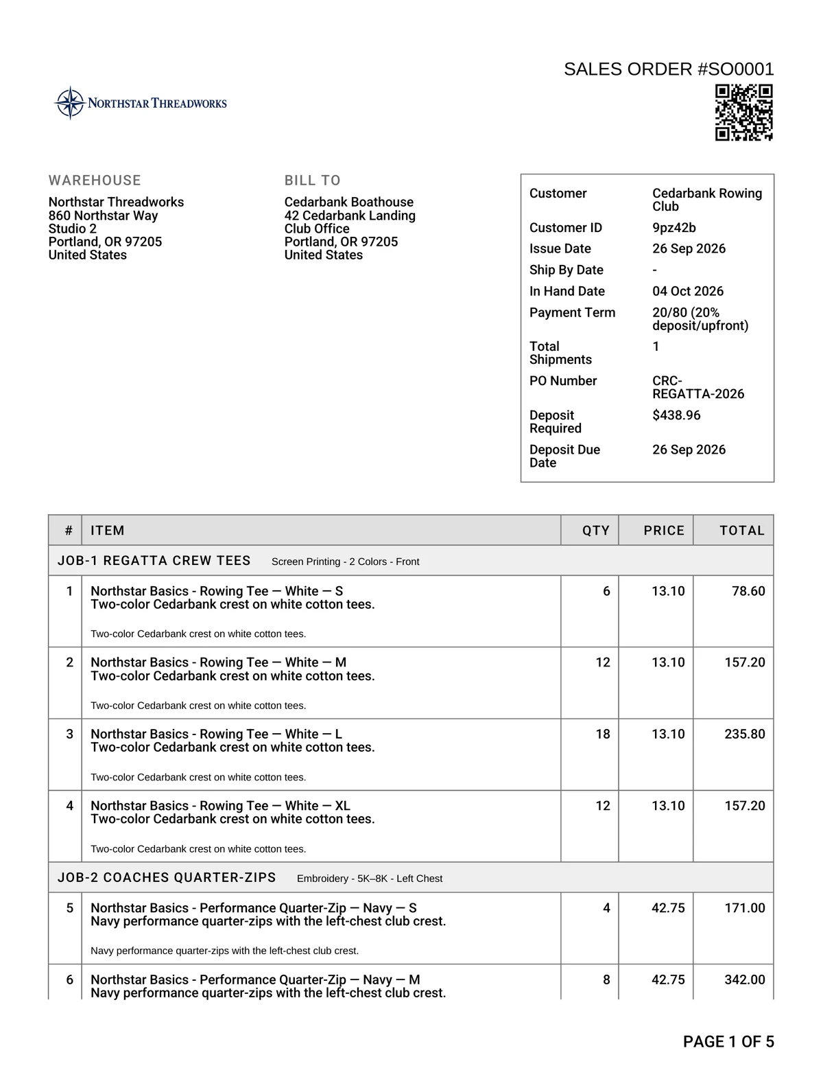 A printed sales order with its code in the header