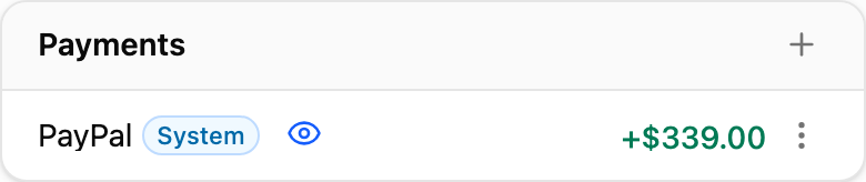The order's Payments card: a PayPal payment, marked System, of +$339.00.