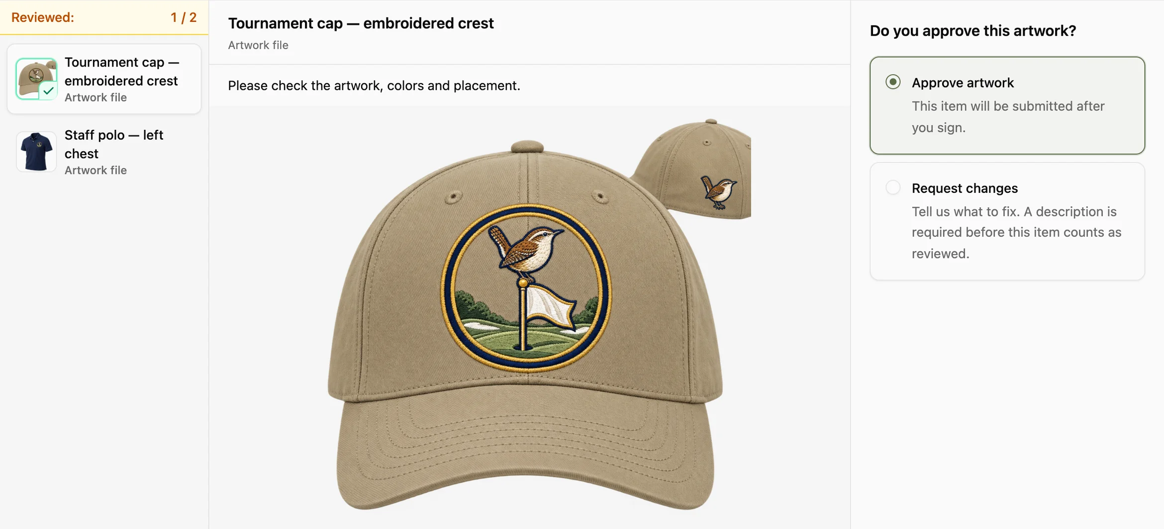 Customer Portal artwork review for tournament caps, with the embroidered cap proof and Approve artwork selected.