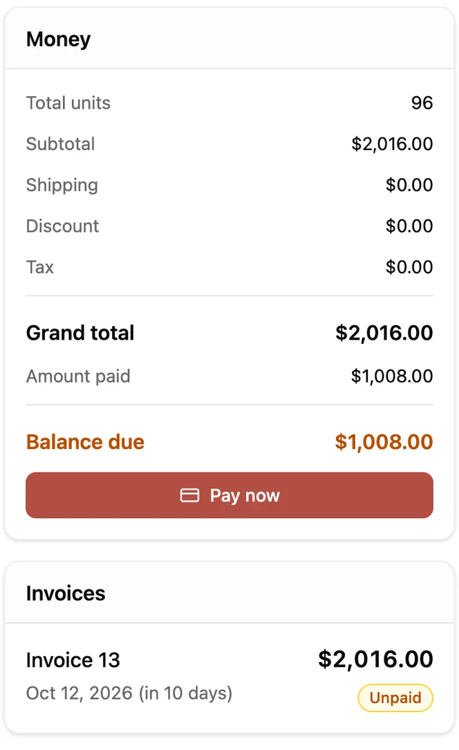Customer Portal order totals: $2,016 grand total, $1,008 paid and $1,008 balance due, with the linked invoice.