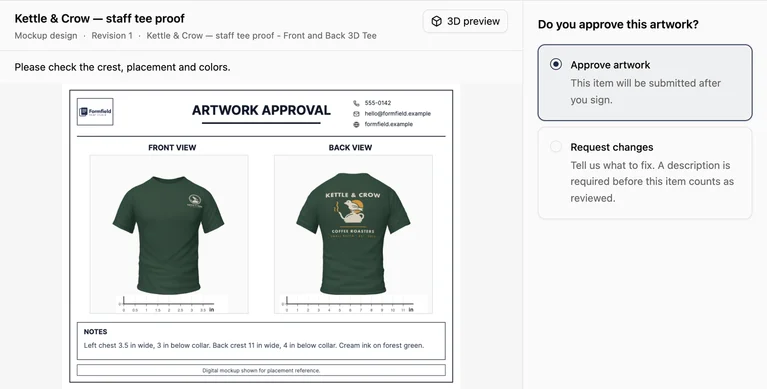 Customer Portal artwork review for the Kettle & Crow staff tee, with the front-and-back proof, 3D preview button and Approve artwork selected.