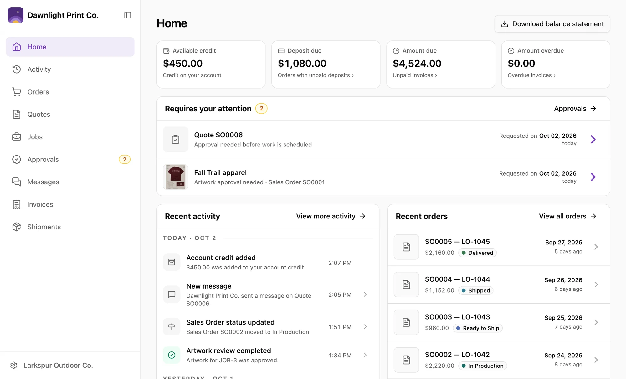 The Dawnlight Print Co. Customer Portal: account credit, deposit due, amount due, approvals waiting, recent orders and account activity.
