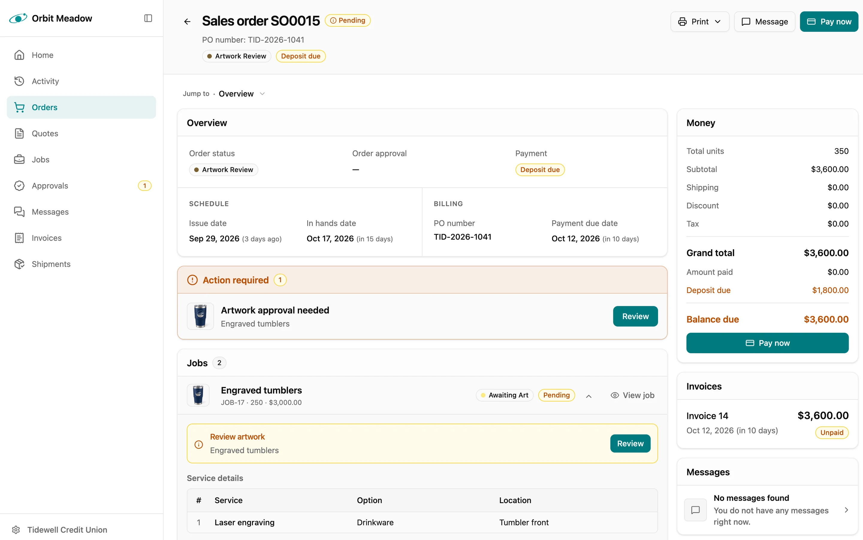 A Customer Portal order with its status, schedule, balance due and artwork waiting for review.