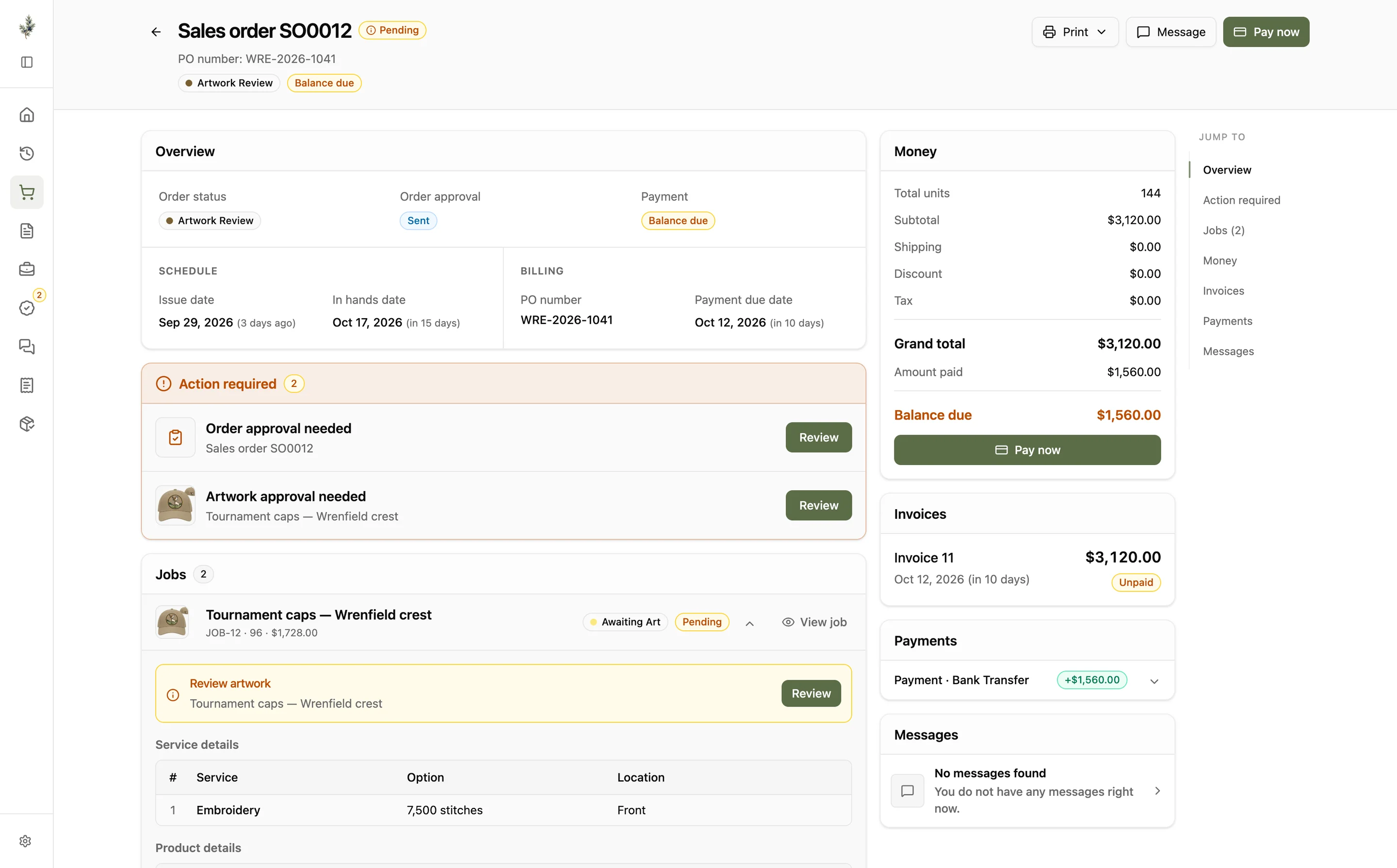 A Customer Portal order with embroidery job details, the balance due and artwork waiting for review.