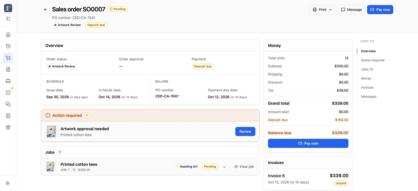 The Customer Portal order record with a $339.00 balance due and an unpaid invoice.