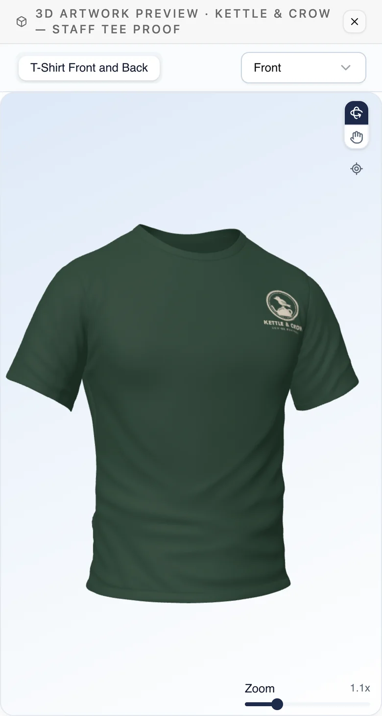 The Kettle & Crow staff tee in the Customer Portal 3D preview on a phone, with view, rotation and zoom controls.