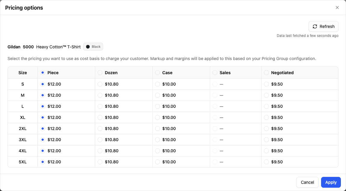 S&S Canada piece, dozen, case and account prices in YoPrint