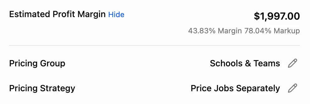 The order’s Estimated Profit Margin in YoPrint: $1,997.00 profit, a 43.83% margin and 78.04% markup, priced with the Schools & Teams group, jobs priced separately.