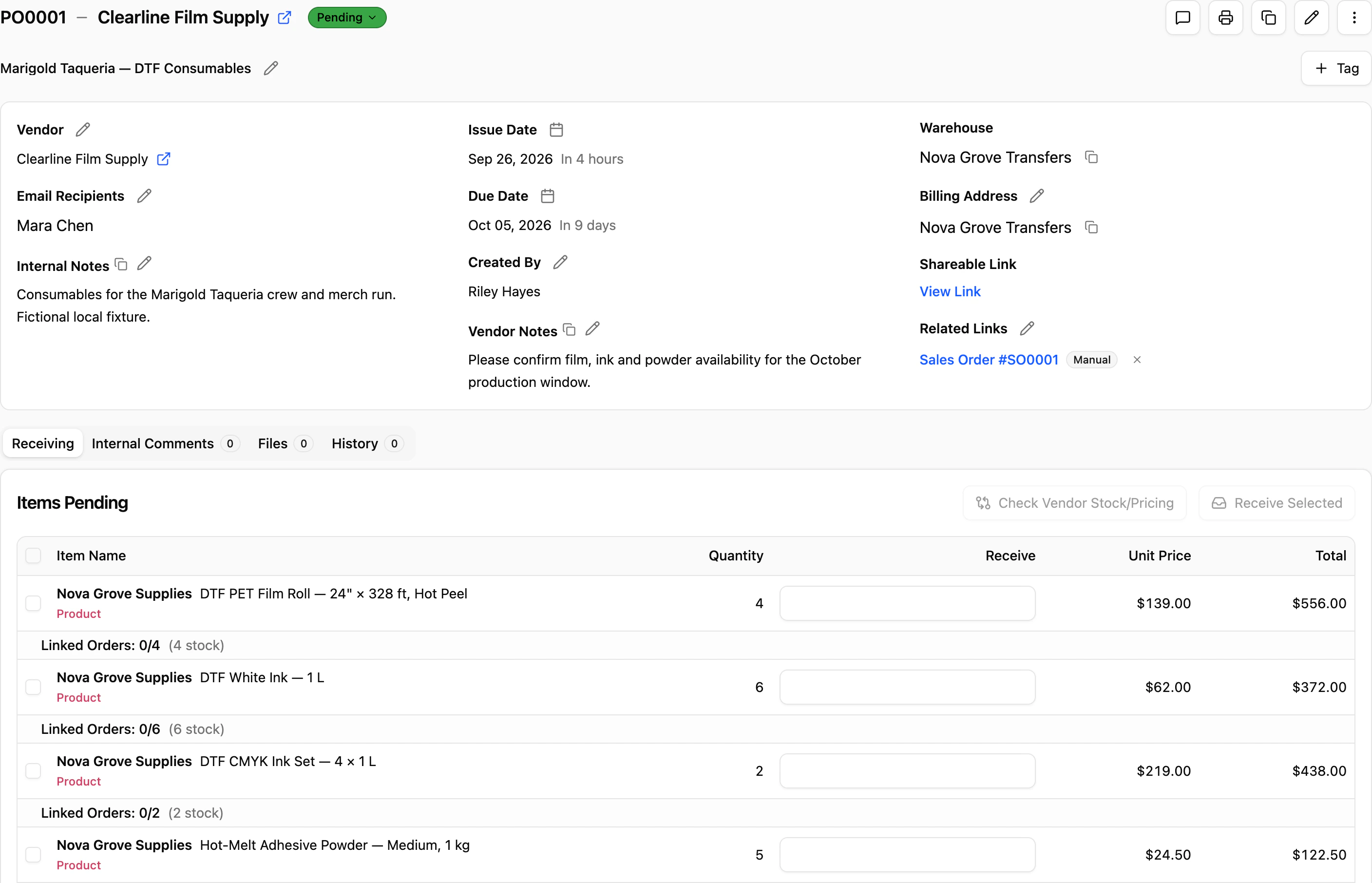 A purchase order in YoPrint to a film supplier for a DTF film roll, white ink, a CMYK ink set and hot-melt powder, with its email recipient, shareable link and a Receive column.