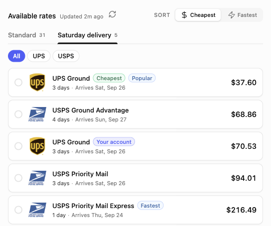 The quote’s Saturday delivery tab in YoPrint, showing five returned UPS and USPS service rows with their individual delivery estimates and prices.