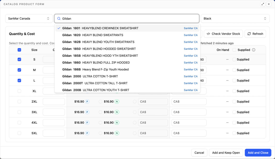 Adding a Gildan style from the SanMar Canada catalog in YoPrint, with each size's cost in CA$