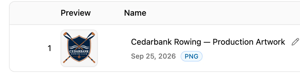 The job's production files, with the Cedarbank Rowing production artwork