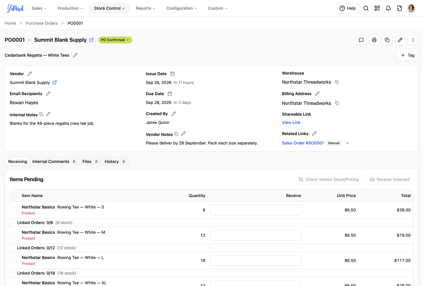 The purchase order page for the order’s blank garments, confirmed with the supplier