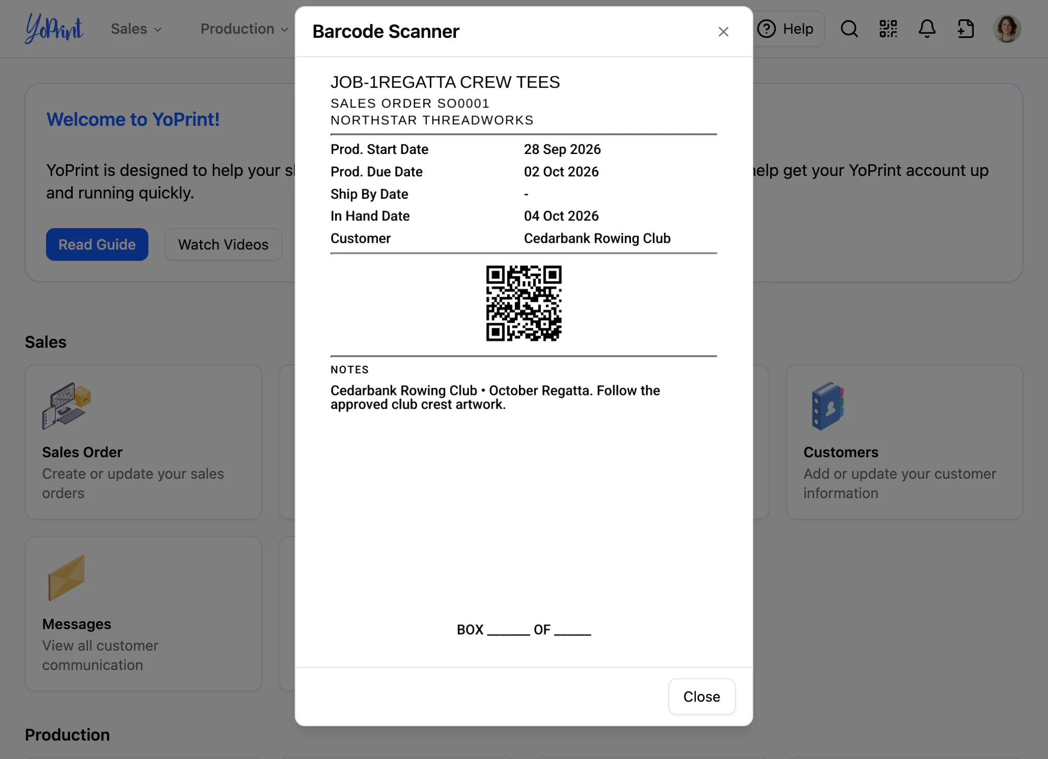 The barcode reader open on a tablet, reading a printed job label through the camera