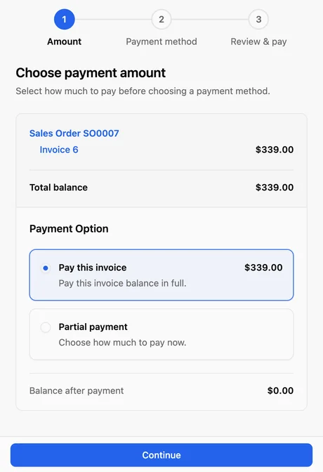 Customer Portal payment amount for order SO0007: Pay this invoice selected at $339.00, Partial payment available, a $0.00 balance after payment, and Continue.