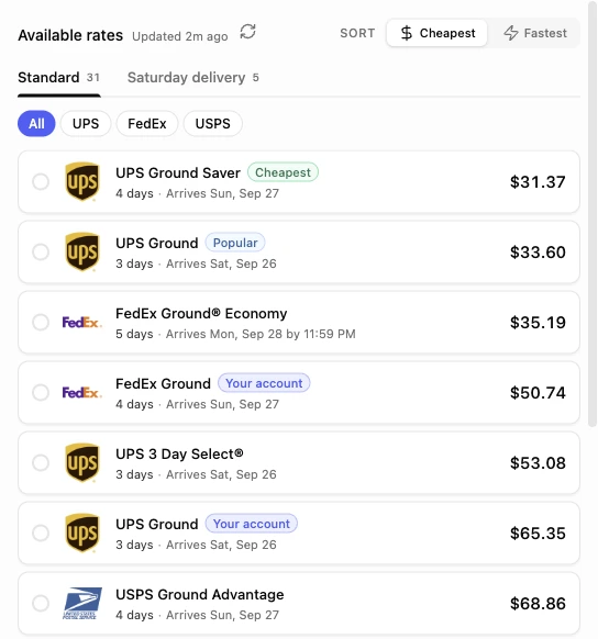 Carrier rates returned through Shippo, sorted by price.