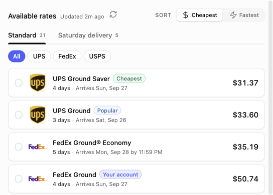 Carrier rates compared for a shipment in YoPrint through Shippo, cheapest first.