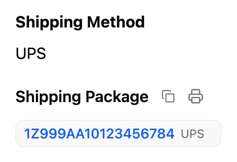 The shipment’s shipping method, UPS, and its tracking number, 1Z999AA10123456784.