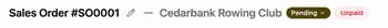 Sales Order #SO0001 for Cedarbank Rowing Club in YoPrint, Pending and Unpaid