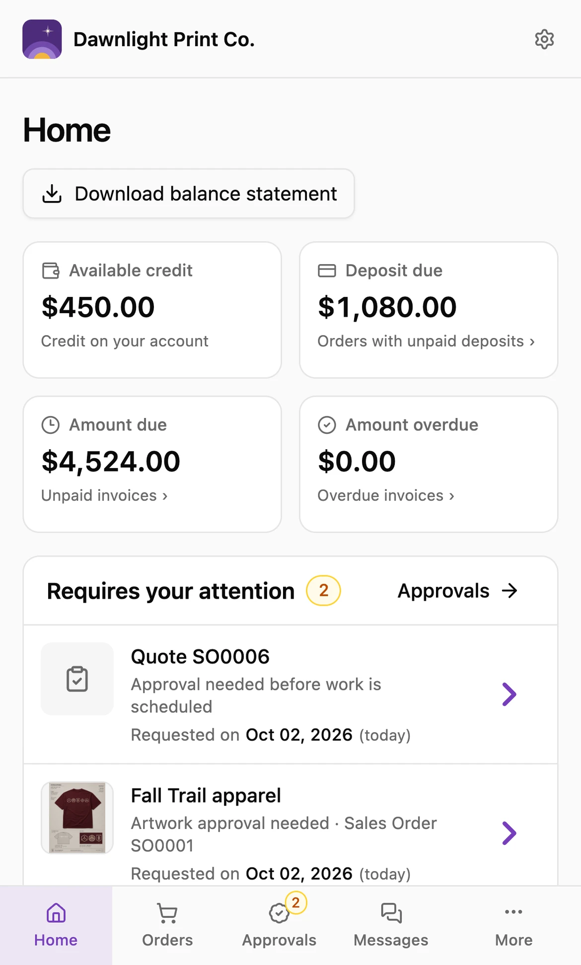 Dawnlight Print Co.'s Customer Portal Home on a phone, with available credit, deposit due, amount due, amount overdue and approvals requiring attention