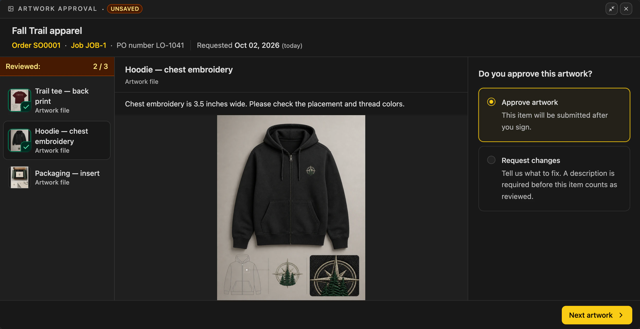Star & Spindle's artwork review in dark mode for Fall Trail apparel, order SO0001: two of three items reviewed, the hoodie's chest embroidery proof, and Approve artwork selected in the shop's yellow.