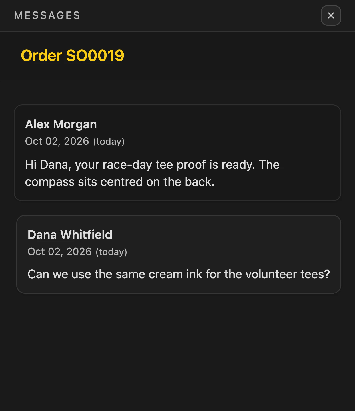 An open conversation on order SO0019 on a phone, in dark mode: the shop's proof note and Dana Whitfield's question about cream ink