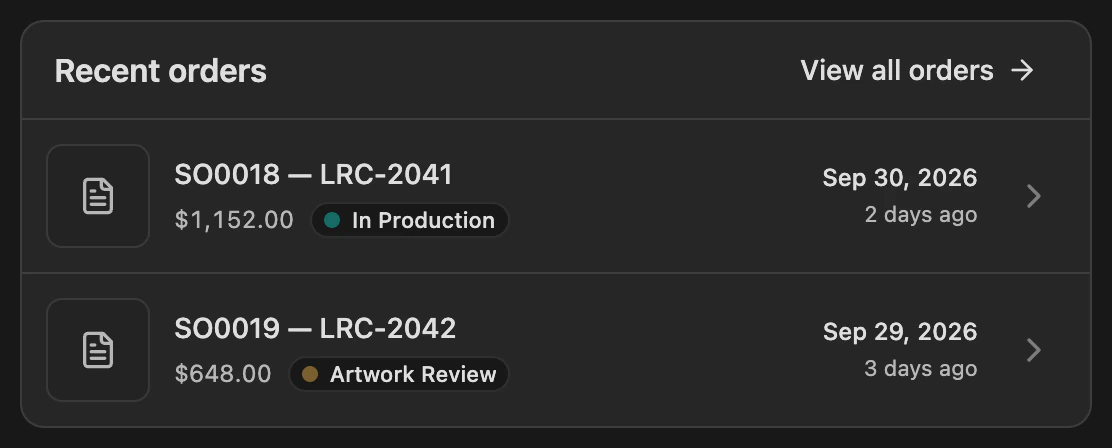 The same list a moment later: SO0018 now shows In Production