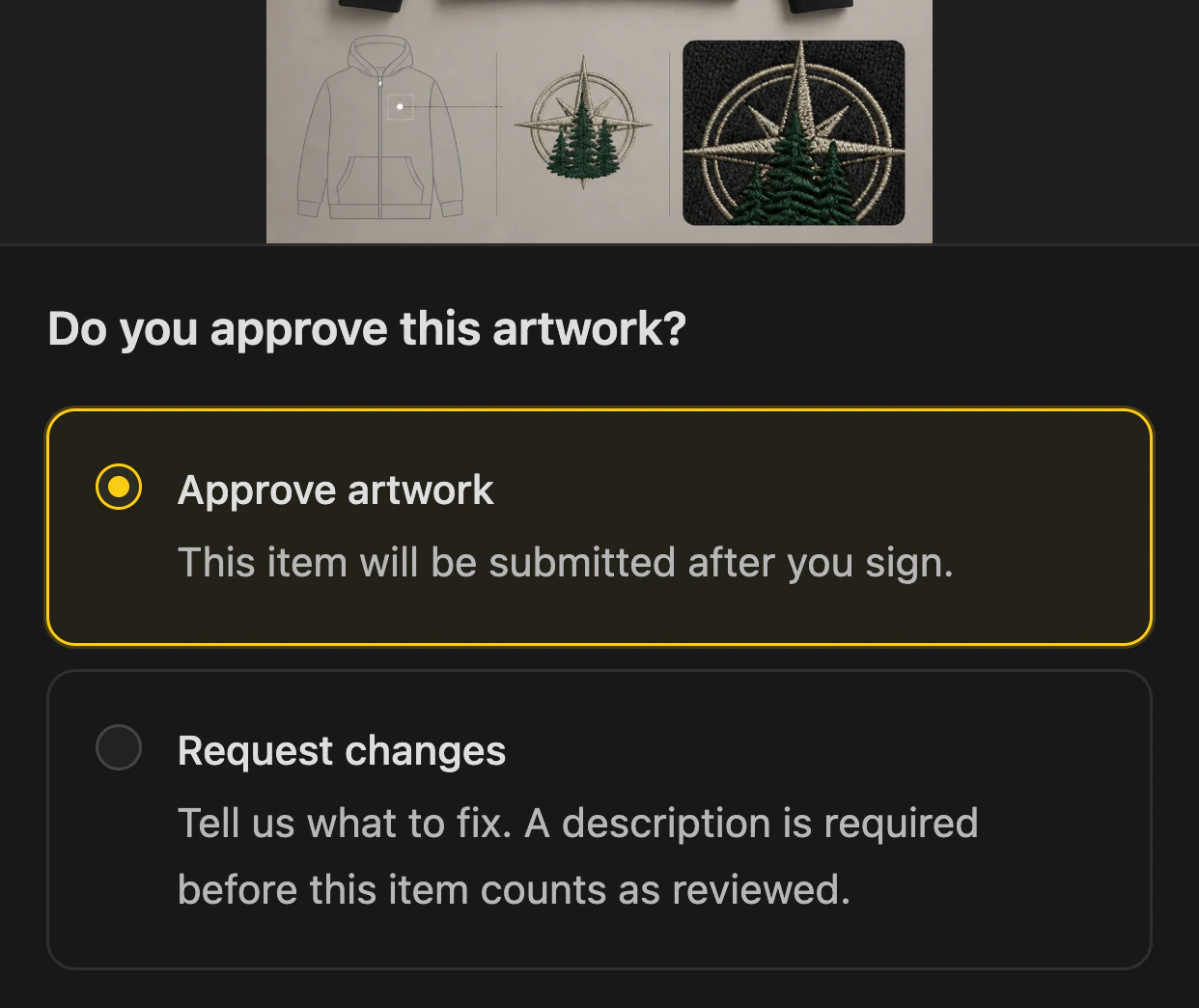 The artwork decision on a phone: Approve artwork selected, Request changes below.