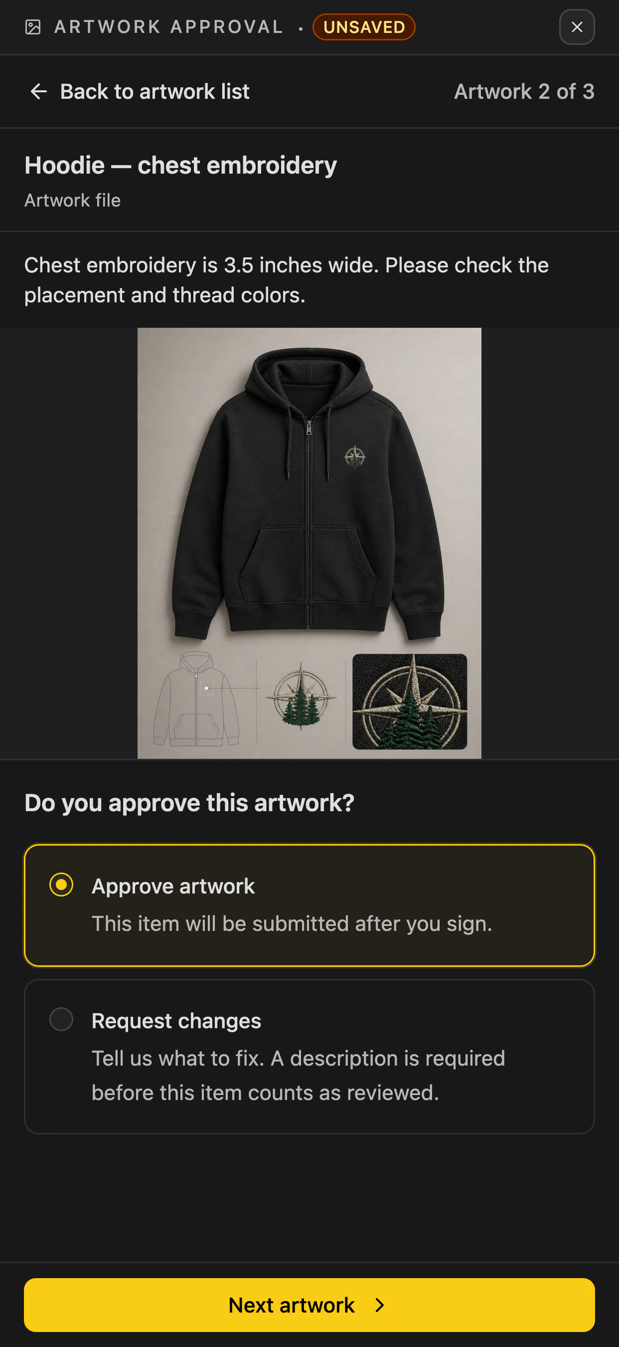 The same artwork review on a phone in dark mode