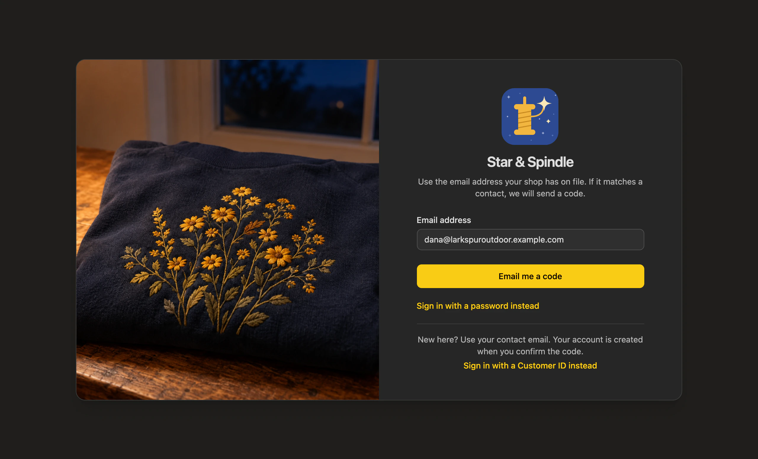 The same sign-in in dark mode, with a yellow Email me a code button