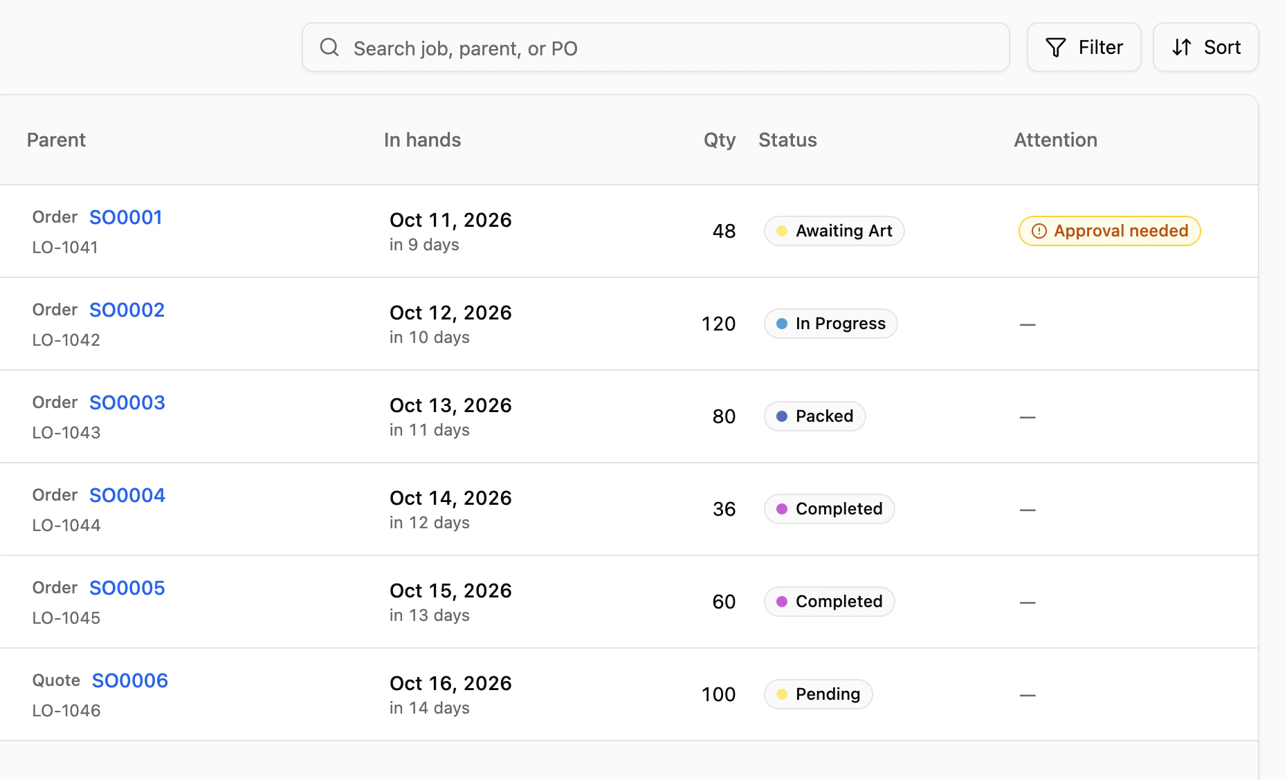 The portal's Jobs list under its search field, Search job, parent, or PO: six jobs from SO0001, awaiting art with approval needed, to quote SO0006, pending